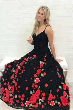 A-Line Spaghetti Straps Sweep Train Black Prom Dress with Flowers LPD020