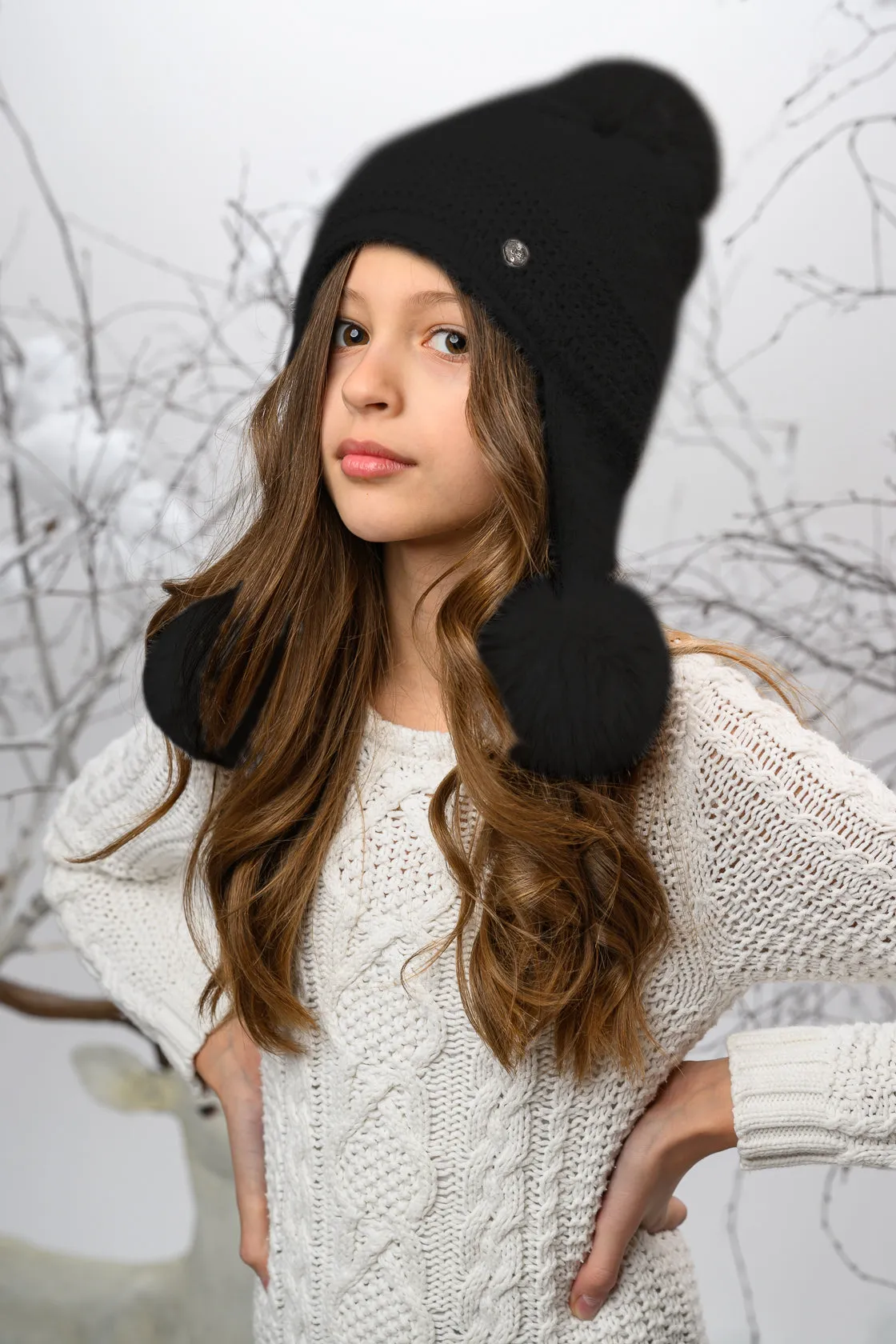 Black Cashmere Triple Faux Fur Pom Pom Hat