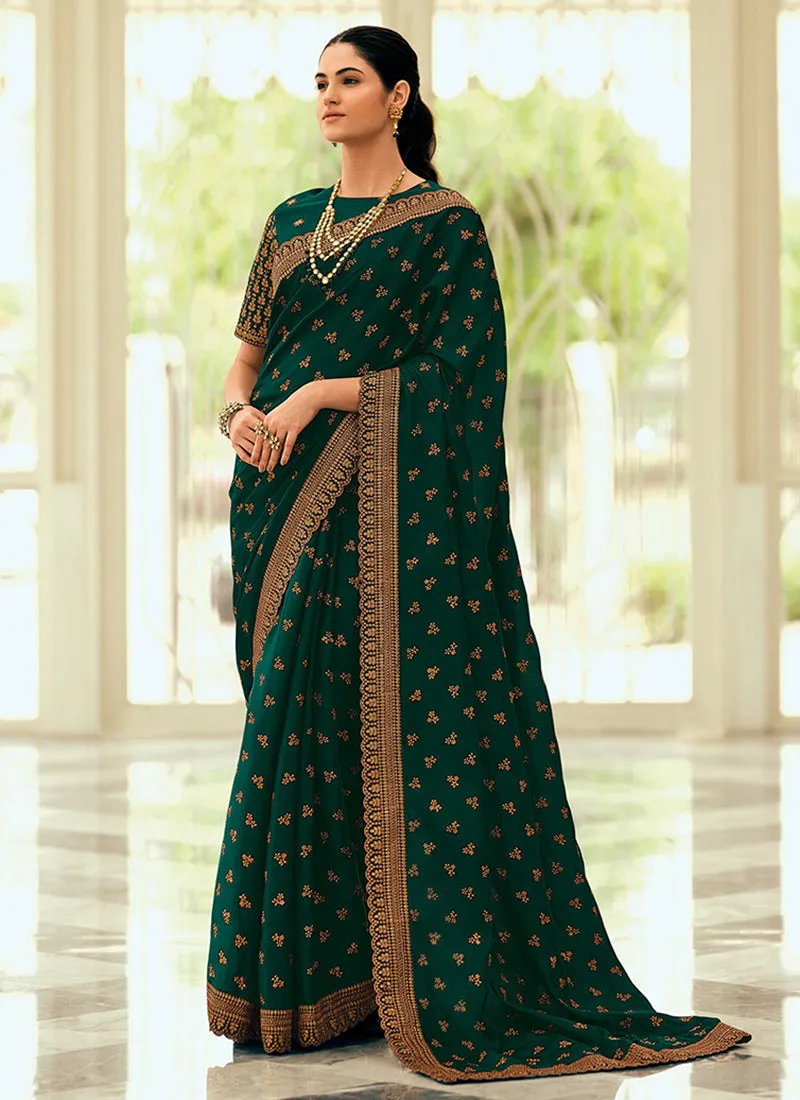 Dark Green Sequence Embroidery Wedding Silk Saree