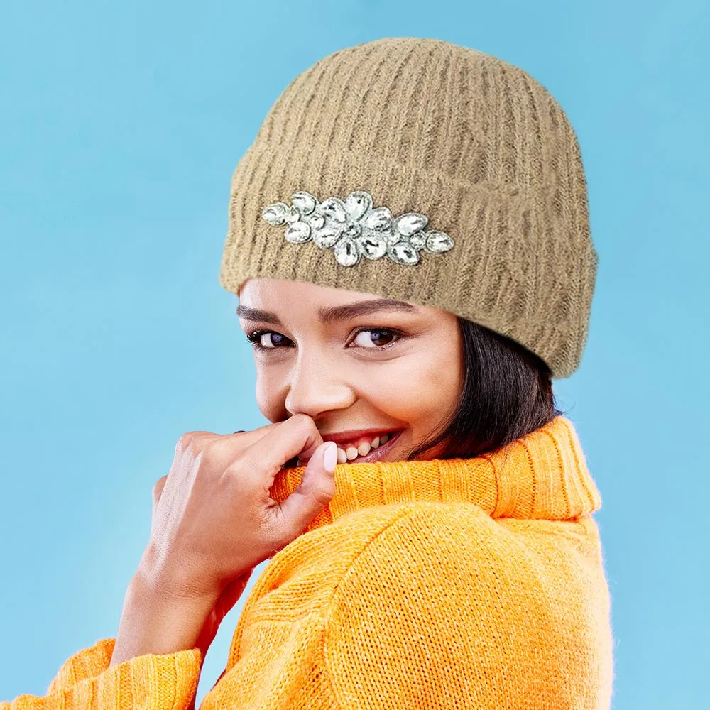 Fleece Lining Teardrop Crystal Stone Embellished Beanie Hat in Tan