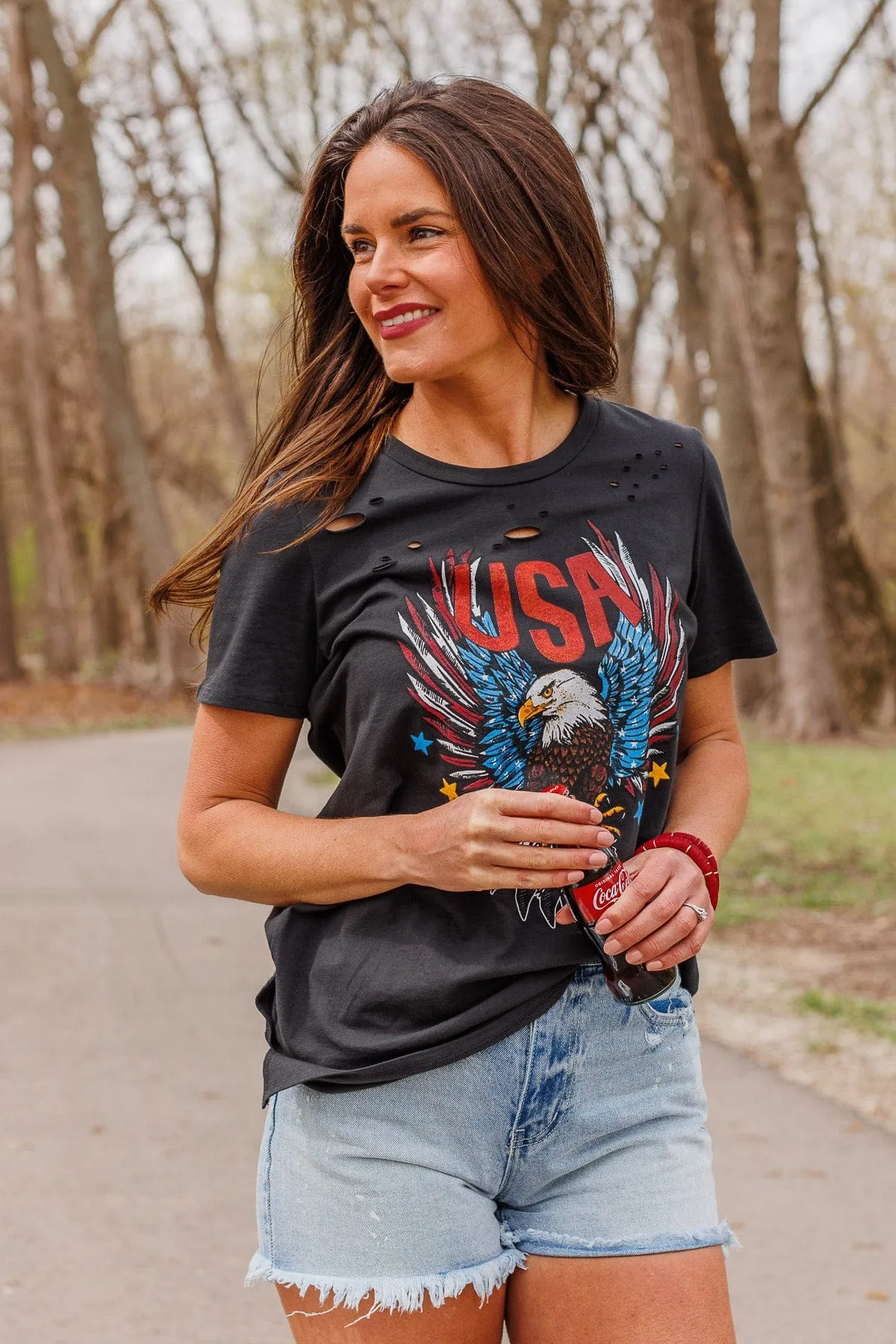 Hooray For The U.S.A. Graphic Top- Black