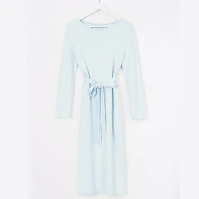 Light Blue Sashes Women Dress Winter 2017 New Solid Long Sleeve Mid-Calf Straight Dresses O-Neck Casual Vestidos Preppy Style