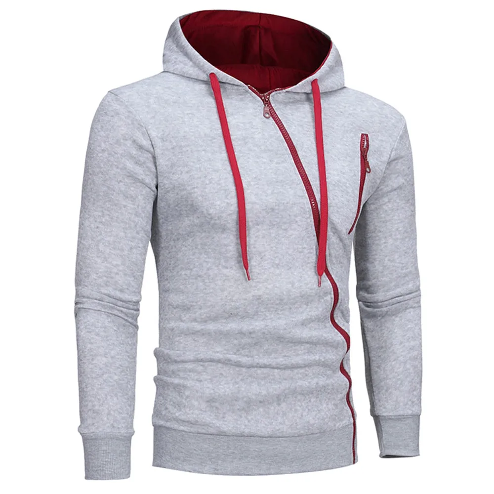 Men's Oblique Zippers Color Block Fleece Drawstring Hoodie