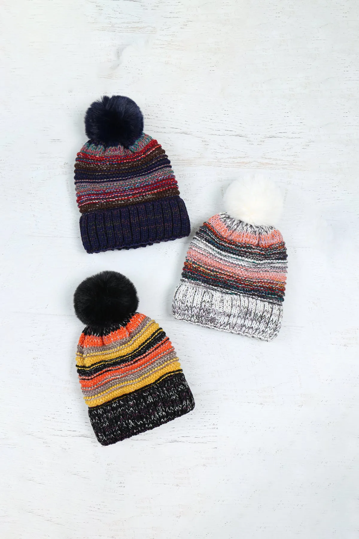 MULTICOLOR STRIPE FLEECE POMPOM BEANIE