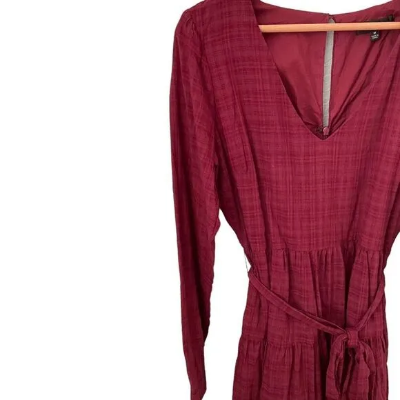NWT Lulu's Autumn Adoration Wine Red Plaid Long Sleeve Mini Dress with Pockets M