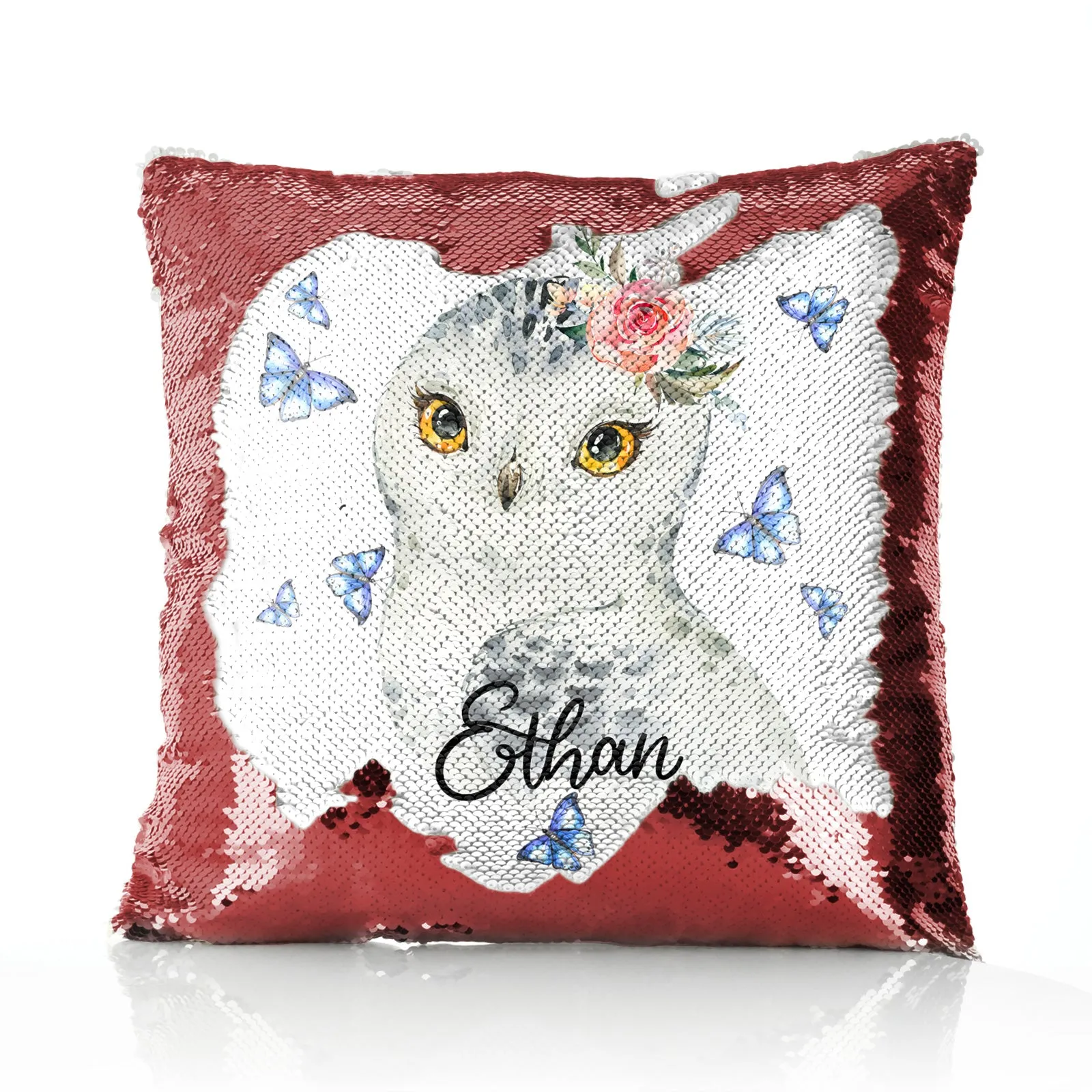 Personalised Sequin Cushion with Snow Owl Blue Butterfly and Cute Text
