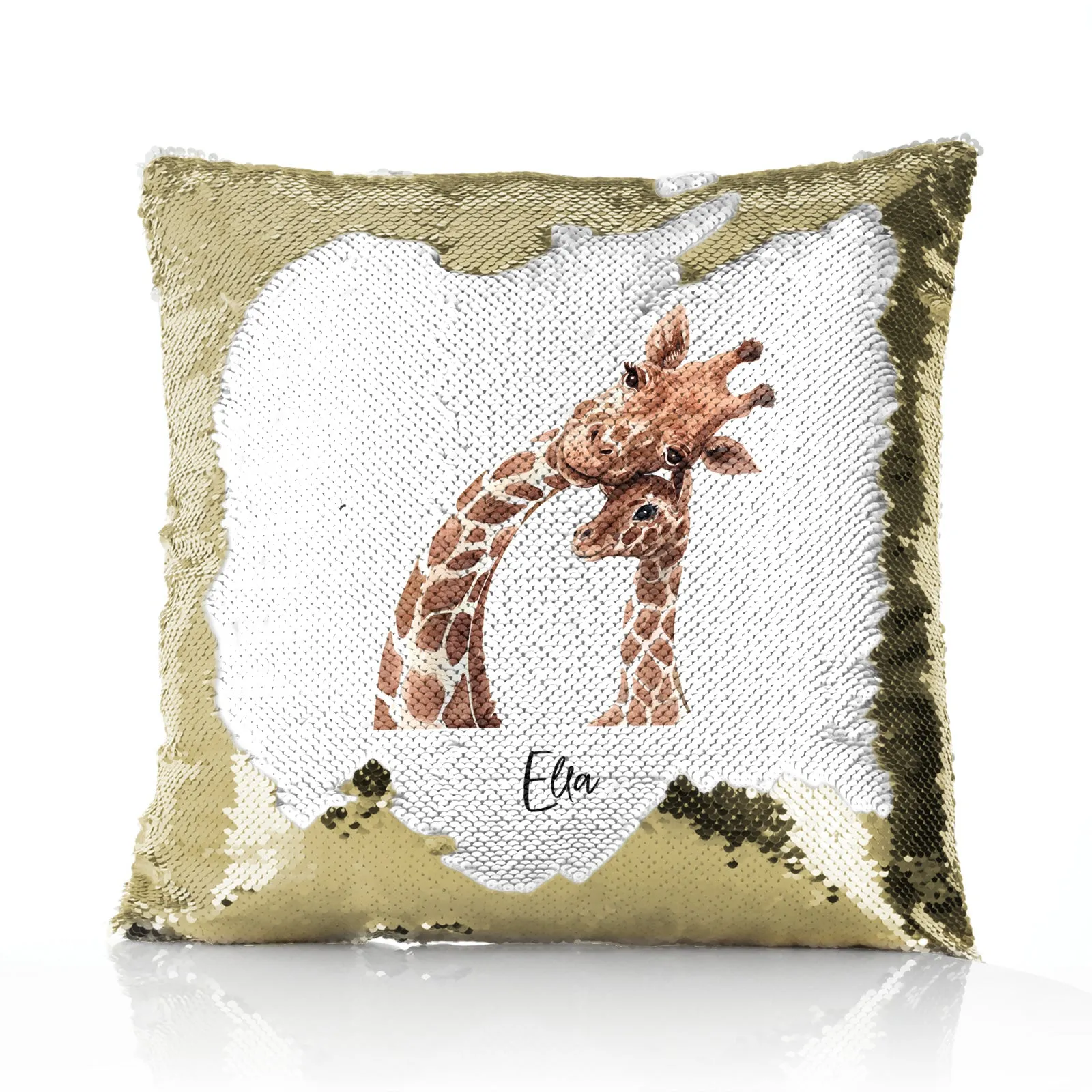 Personalised Sequin Cushion with Welcoming Text and Relaxing Mum and Baby Giraffes