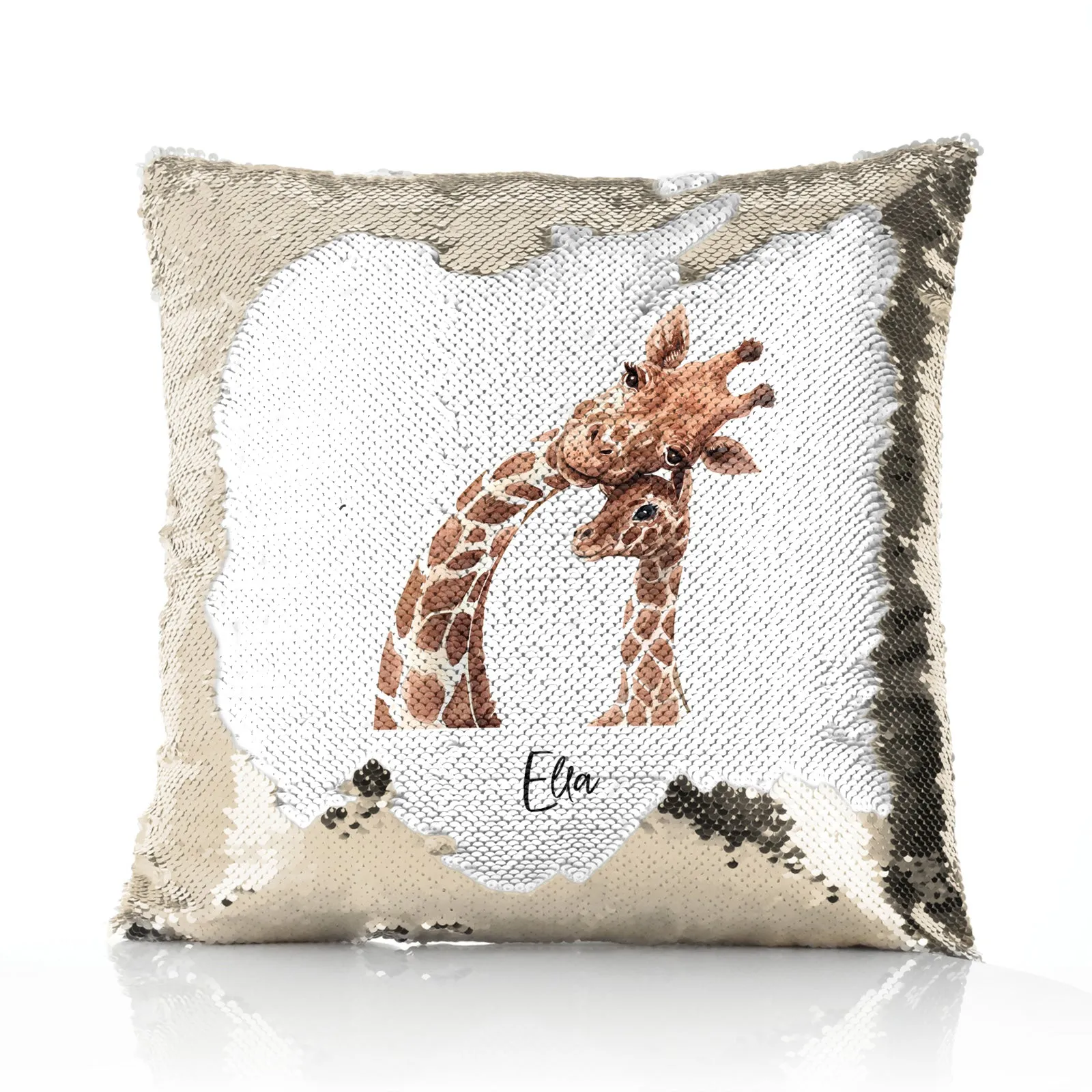 Personalised Sequin Cushion with Welcoming Text and Relaxing Mum and Baby Giraffes