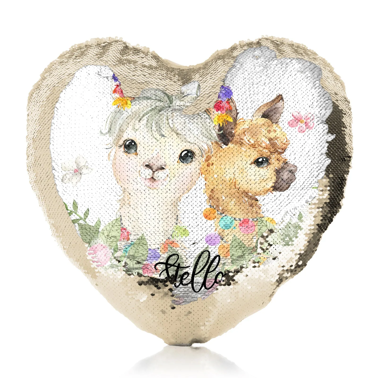 Personalised Sequin Heart Cushion with Alpacas Multicolour Baubles and Cute Text