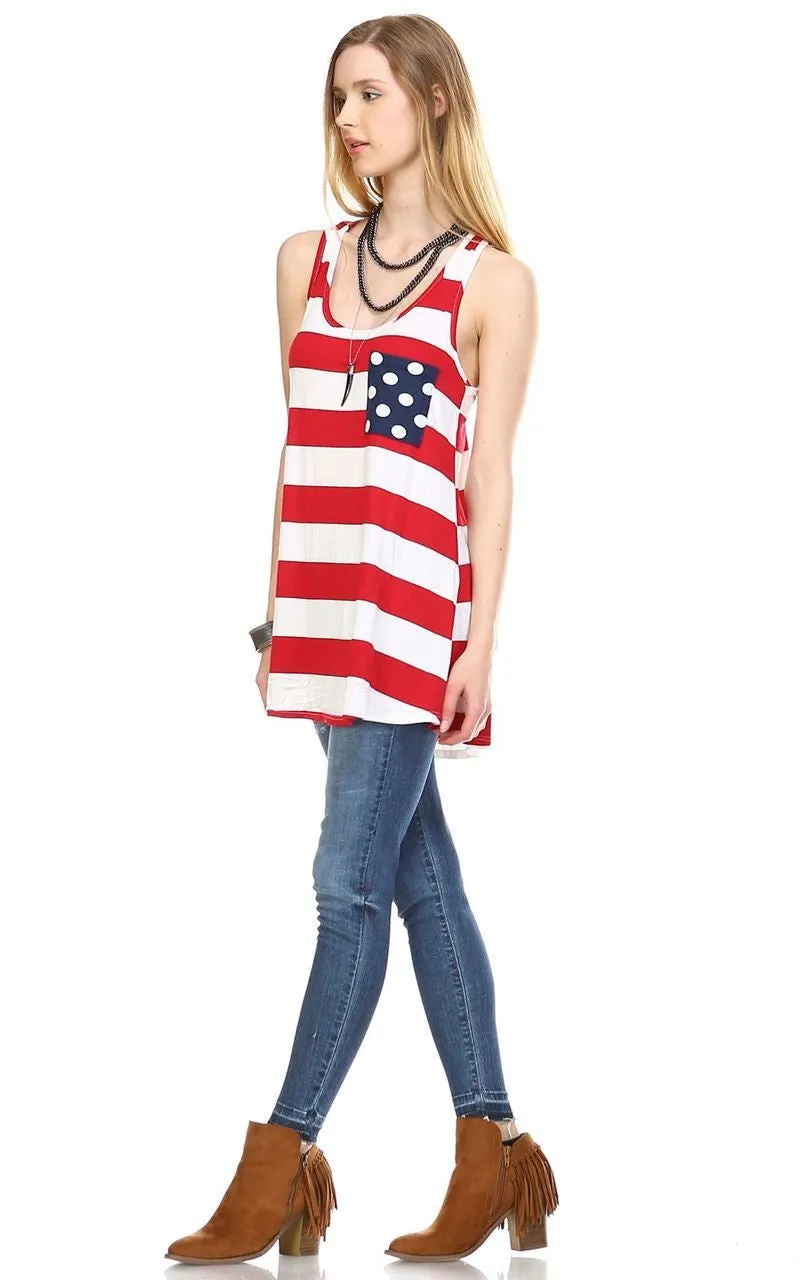 Red Stripe Tank Top with Navy Polka Dot Pocket