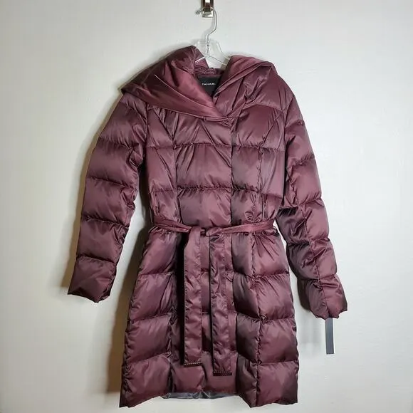 Tahari Down Feather Filled Hooded Puffer Coat Size S Longline Belted Winter