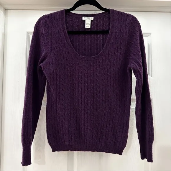 Tweeds 100% 2 Ply Cashmere Cable Knit Pullover Scoop Neck Sweater Purple Large