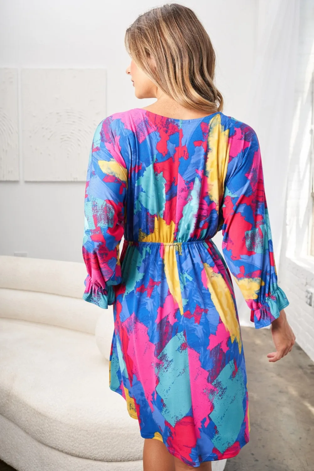Zora Full Size Printed V-Neck Mini Dress